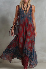Retro Ethnic Bohemian Print Chiffon Sleeveless Maxi Dress