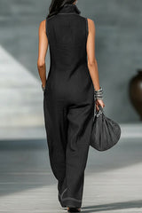 Women's Minimalist Loose-fitting White Trim Sleeveless Jumpsuit