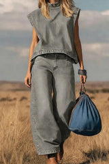 High Waisted Loose Pockets Solid Color Mock Neck Suits Vest Top + Pants Bottom Two Pieces Set