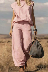 High Waisted Loose Pockets Solid Color Mock Neck Suits Vest Top + Pants Bottom Two Pieces Set
