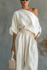 Women's Off-white Linen Off-shoulder Loose Casual Top And Tapered Pants Set