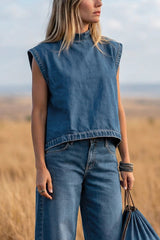High Waisted Loose Pockets Solid Color Mock Neck Suits Vest Top + Pants Bottom Two Pieces Set