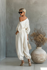 Women's Off-white Linen Off-shoulder Loose Casual Top And Tapered Pants Set