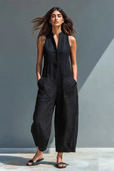 Women's Minimalist Linen Blend Button-up Stand-collar Sleeveless Loose Jumpsuit