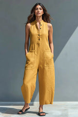 Women's Minimalist Linen Blend Button-up Stand-collar Sleeveless Loose Jumpsuit