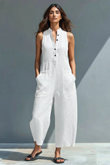 Women's Minimalist Linen Blend Button-up Stand-collar Sleeveless Loose Jumpsuit