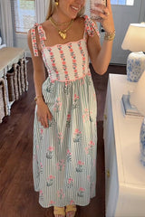 Heididress Tie Shoulder Back Lace-up Striped Floral Maxi Cami Dress