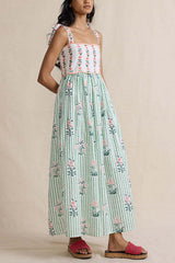 Heididress Tie Shoulder Back Lace-up Striped Floral Maxi Cami Dress