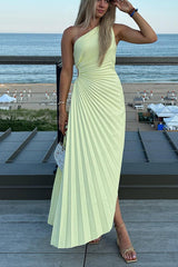 Heididress One Shoulder Cut Out Irregular Hem Pleated Satin Maxi Dress