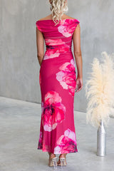 Off the Shoulder Floral Print Bodycon Maxi Dress