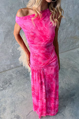 Asymmetric Shoulder Ruched Waist Floral Print Maxi Dress