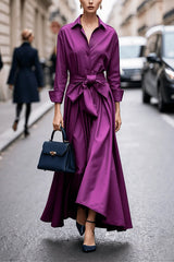 Heididress Lapel Long Sleeves Button Up Tie Waist Maxi Dress