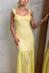 Sleeveless Lace Hollow Out Ruffle Trim Maxi Dress