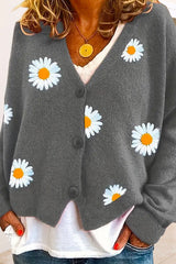 Heididress V Neck Button Up Daisy Embroidery Sweater Cardigan