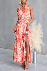 Halter V Neck Backless Floral Print Ruffle Slit Maxi Dress