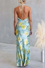 Halter Cowl Neck Open Back Floral Print Satin Maxi Dress