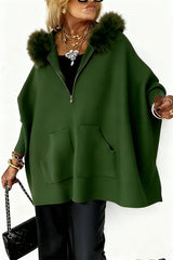 Dolman Sleeves Zipper Up Pocketed Jacket with Faux Fur Hood