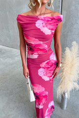 Off the Shoulder Floral Print Bodycon Maxi Dress