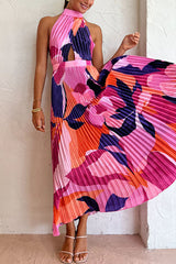 Heididress Halter Backless Cut Out Printed Maxi Pleated Dress