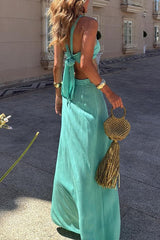 Tie Bow Backless Cut Out Color Block Maxi Dress