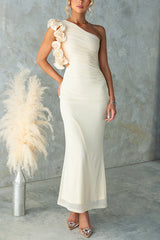 Ruffle Slant Shoulder Cut Out Waist Bodycon Maxi Dress
