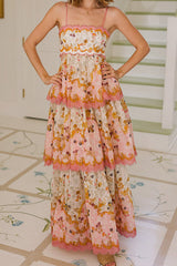 Heididress Spaghetti Strap Back Lace-up Ruffle Layered Floral Print Maxi Dress