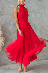 Heididress Bow Knot Halter Open Back Tulle Maxi Dress