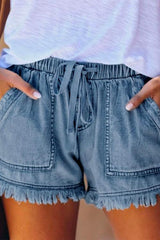 Heididress Drawstring High Waist Raw Hem Pockets Shorts