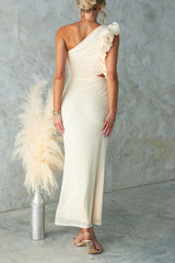 Ruffle Slant Shoulder Cut Out Waist Bodycon Maxi Dress