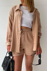 Drop Shoulder Long Sleeves Blouse Shirt Drawstring Waist Shorts Set