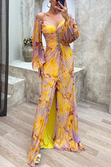 Heididress Off Shoulder Lantern Long Sleeves Printed Slit Pleated Maxi Dress