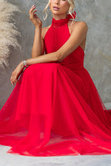 Heididress Bow Knot Halter Open Back Tulle Maxi Dress