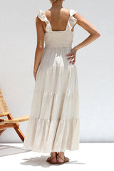 Heididress V Neck Ruffle Trim Tiered Sleeveless Linen Maxi Dress