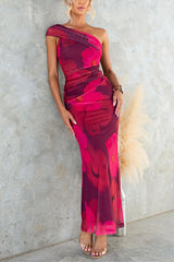 One Shoulder Floral Print Mesh Bodycon Maxi Dress
