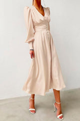 Heididress V Neck Puff Sleeve Waisted Ruffle Satin Dress
