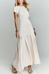 Crewneck Short Sleeves Back Cut Out Satin Maxi Dress