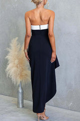 Strapless Draped Slit Color Block Maxi Dress
