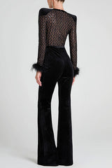 Feather Cuffs Bell Bottom Velvet Splice Jumpsuit
