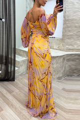 Heididress Off Shoulder Rhinestones Detail Printed Slit Pleated Maxi Dress
