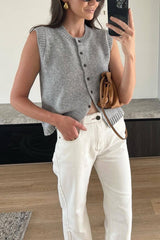 Crewneck Sleeveless Button Down Knitting Top