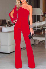 Heididress One Shoulder Slit Sleeve Tie Knot Jumpsuit(7 Colors)