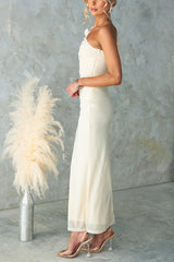 Ruffle Slant Shoulder Cut Out Waist Bodycon Maxi Dress