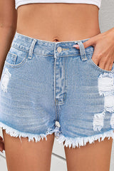 Heididress Mid Rise Raw Hem Ripped Denim Shorts