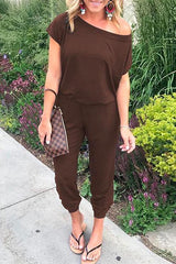 Heididress Solid Cold Shoulder Short Sleeves Elastic Waist Loungewear Jumpsuit
