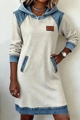 Daily White Hooded Long Sleeve Contrast Casual Pocket Denim Midi Dresses
