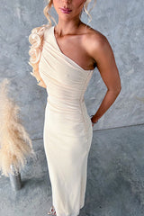 Ruffle Slant Shoulder Cut Out Waist Bodycon Maxi Dress