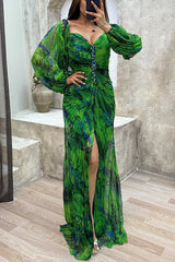 Heididress Off Shoulder Lantern Long Sleeves Printed Slit Pleated Maxi Dress