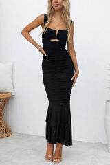 Heididress Sleeveless Cut Out Ruched Ruffle Bodycon Maxi Dress