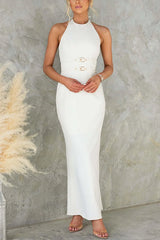 Halter Sleeveless Back Slit Waisted Maxi Dress