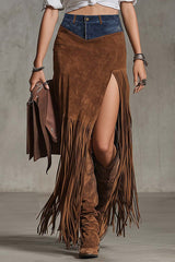 Heididress High Rise Denim Splice Faux Suede Slit Fringe Maxi Skirt